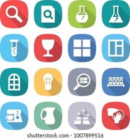 flat vector icon set - magnifier vector, search document, round flask, vial, wineglass, window, arch, bulb, data, spices, coffee maker, jug, clean floor, wiping