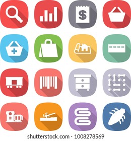 flat vector icon set - magnifier vector, graph, receipt, basket, add to, shopping bag, project, bunker, railroad shipping, bar code, nightstand, circuit, food processor, soil cutter, towel, bug