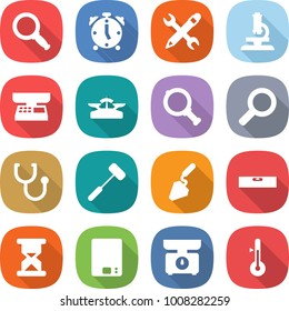 flat vector icon set - magnifier vector, alarm clock, pencil wrench, microscope, market scales, stethoscope, doctors hammer, construction, level, sand, kitchen, thermometer