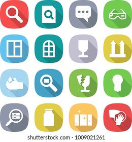 flat vector icon set - magnifier vector, search document, message, smart glasses, window, arch, fragile, cargo top sign, acid, broken, bulb, data, bank, clean, wiping