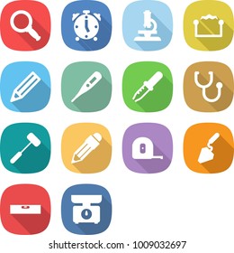 flat vector icon set - magnifier vector, alarm clock, microscope, electrostatic, pencil, medical thermometer, pipette, stethoscope, doctors hammer, measuring tape, construction, level