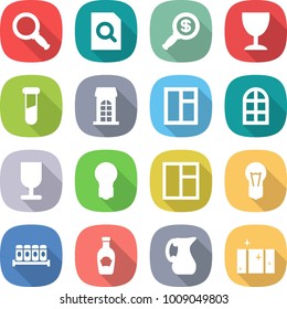 flat vector icon set - magnifier vector, search document, dollar, wineglass, test vial, building, window, arch, fragile, bulb, spices, ketchup, jug, clean