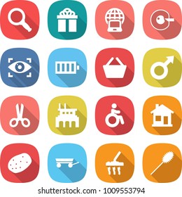 flat vector icon set - magnifier vector, gift, notebook globe, cell corection, eye identity, battery, basket, male sign, scissors, factory, invalid, home, potato, trailer, vacuum cleaner, duster