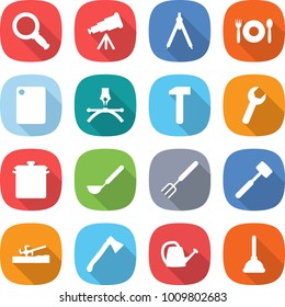 flat vector icon set - magnifier vector, telescope, drawing compasses, cafe, cutting board, pen, hammer, wrench, pan, ladle, big fork, meat, soil cutter, axe, watering can, plunger
