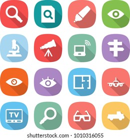 flat vector icon set - magnifier vector, search document, marker, eye, microscope, telescope, notebook wireless, singlepost, plan, plane, tv, 3d glasses, pickup