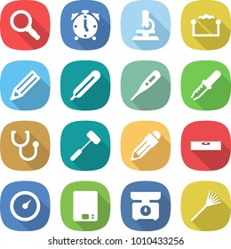 flat vector icon set - magnifier vector, alarm clock, microscope, electrostatic, pencil, medical thermometer, pipette, stethoscope, doctors hammer, level, barometer, kitchen scales, rake