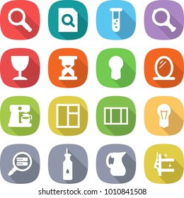 flat vector icon set - magnifier vector, search document, vial, wineglass, sand clock, bulb, mirror, coffee maker, window, data, vegetable oil, jug, skyscrapers cleaning