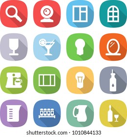 flat vector icon set - magnifier vector, web cam, window, arch, fragile, cocktail, bulb, mirror, coffee maker, vegetable oil, measuring cup, spices, jug, wine