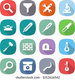flat vector icon set - magnifier vector, funnel, pencil wrench, microscope, scales, medical thermometer, pipette, doctors hammer, brick wall, measuring tape, kitchen, sickle