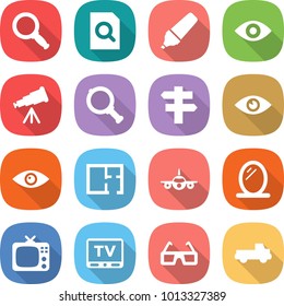 flat vector icon set - magnifier vector, search document, marker, eye, telescope, singlepost, plan, plane, mirror, tv, 3d glasses, pickup