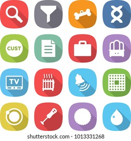 flat vector icon set - magnifier vector, funnel, bone, dna, customs, document, suitcase, dresser, tv, radiator, bell, cpu, orbit, blender, cookies, drop