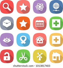 flat vector icon set - magnifier vector, star, atom, globe connect, box, calendar, medical cross, eye, harness, house, first aid, unlocked, scissors, windmill
