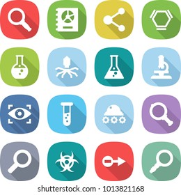 flat vector icon set - magnifier vector, annual report, molecule, hex, round flask, virus, microscope, eye identity, vial, lunar rover, biohazard, electron