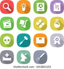 flat vector icon set - magnifier vector, bulb, annual report, account balance, credit card, cargo stoller, pill, flask, skull, doctors hammer, package box, medal, hospital, satellite antenna