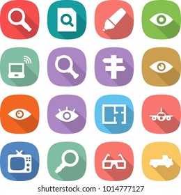 flat vector icon set - magnifier vector, search document, marker, eye, notebook wireless, singlepost, plan, plane, tv, 3d glasses, pickup