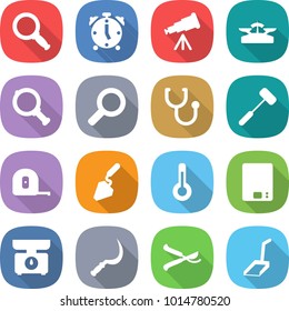 flat vector icon set - magnifier vector, alarm clock, telescope, scales, stethoscope, doctors hammer, measuring tape, construction, thermometer, kitchen, sickle, pruner, scoop