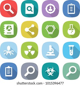 flat vector icon set - magnifier vector, search document, target audience, clipboard, annual report, molecule, hex, round flask, virus, nuclear, microscope, vial, biohazard