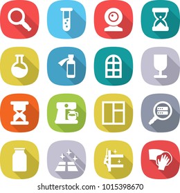 flat vector icon set - magnifier vector, vial, web cam, sand clock, flask, potion bottle, arch window, fragile, coffee maker, data search, bank, clean floor, skyscrapers cleaning, wiping