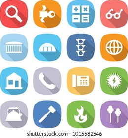 flat vector icon set - magnifier vector, satellite, calculator, pacemaker, airport building, hangare, traffic light, globe, home, phone, office, solar power, kettle, meat hammer, fire, trees