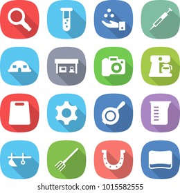 flat vector icon set - magnifier vector, vial, chemical industry, syringe, dome house, gas station, camera, coffee maker, cutting board, gear, pan, measuring cup, plow, fork, horseshoe, sponge