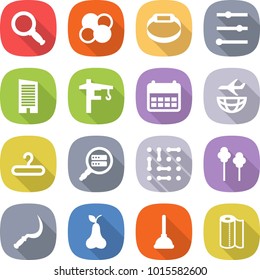 flat vector icon set - magnifier vector, atom core, smart bracelet, equalizer, skyscraper, tower crane, calendar, plane shipping, hanger, data search, circuit, trees, sickle, pear, plunger