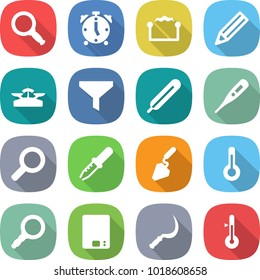 flat vector icon set - magnifier vector, alarm clock, electrostatic, pencil, scales, funnel, medical thermometer, pipette, construction, kitchen, sickle