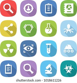 flat vector icon set - magnifier vector, target audience, clipboard, annual report, molecule, hex, round flask, virus, nuclear, eye identity, vial, lunar rover, microscope, biohazard