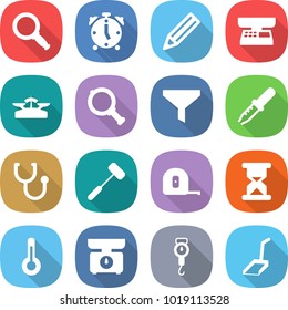 flat vector icon set - magnifier vector, alarm clock, pencil, market scales, funnel, pipette, stethoscope, doctors hammer, measuring tape, sand, thermometer, kitchen, handle, scoop