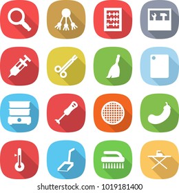 flat vector icon set - magnifier vector, share, abacus, tools, syringe, surgical clamp, broom, cutting board, double boiler, blender, sieve, eggplant, thermometer, scoop, brush, iron