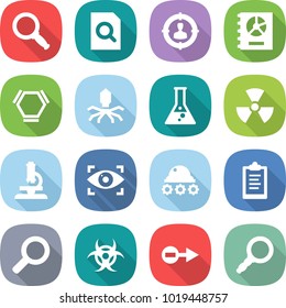 flat vector icon set - magnifier vector, search document, target audience, annual report, hex molecule, virus, flask, nuclear, microscope, eye identity, lunar rover, clipboard, biohazard, electron