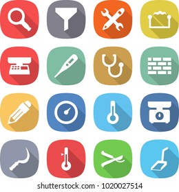 flat vector icon set - magnifier vector, funnel, pencil wrench, electrostatic, market scales, medical thermometer, stethoscope, brick wall, barometer, kitchen, sickle, pruner, scoop
