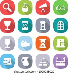 flat vector icon set - magnifier vector, round flask, telescope, smart glasses, wineglass, sand clock, building, arch window, fragile, acid, coffee maker, jug, clean floor, skysrcapers cleaning