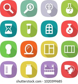 flat vector icon set - magnifier vector, dollar, bulb brain, round flask, sand clock, test vial, arch window, chemical, mirror, measuring cup, bank, skysrcapers cleaning, wiping