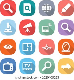 flat vector icon set - magnifier vector, search document, globe, marker, microscope, telescope, notebook wireless, eye, plan, plane, mirror, tv, pickup