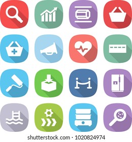 flat vector icon set - magnifier vector, diagram, nano tube, basket, add to, loudspeaker, heart pulse, bunker, repair, package, vip fence, fridge, pool, conveyor, double boiler, viruses