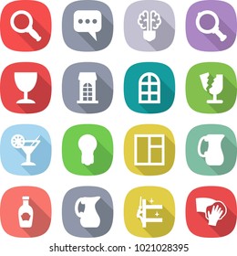 flat vector icon set - magnifier vector, message, bulb brain, wineglass, building, arch window, broken, cocktail, jug, ketchup, skyscrapers cleaning, wiping
