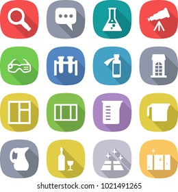 flat vector icon set - magnifier vector, message, flask, telescope, smart glasses, test vial, potion bottle, building, window, measuring cup, jug, wine, clean floor