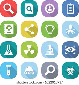 flat vector icon set - magnifier vector, search document, target audience, clipboard, annual report, molecule, hex, virus, flask, nuclear, microscope, eye identity, vial, lunar rover, biohazard