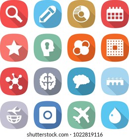 flat vector icon set - magnifier vector, pencil, circle diagram, calendar, star, bulb head, atom core, cpu, virus, brain, bridge, plane shipping, ring button, drop