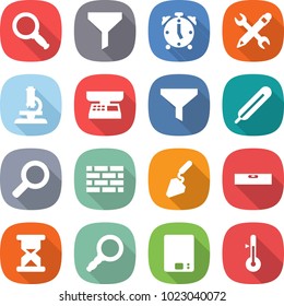 flat vector icon set - magnifier vector, funnel, alarm clock, pencil wrench, microscope, market scales, medical thermometer, brick wall, construction, level, sand, kitchen
