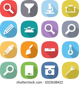 flat vector icon set - magnifier vector, funnel, microscope, electrostatic, pencil, scales, construction, level, thermometer, kitchen, rake
