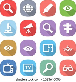flat vector icon set - magnifier vector, globe, marker, eye, microscope, telescope, singlepost, plan, plane, tv, 3d glasses
