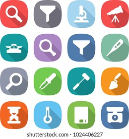flat vector icon set - magnifier vector, funnel, microscope, telescope, scales, medical thermometer, pipette, doctors hammer, construction, sand clock, kitchen