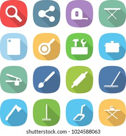 flat vector icon set - magnifier vector, share, measuring tape, iron board, cutting, pan, repair tools, garlic clasp, big spoon, rolling pin, rake, axe, scoop