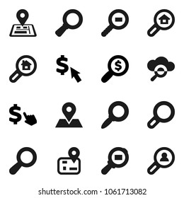 Flat vector icon set - magnifier vector, money search, dollar cursor, navigator, map pin, cargo, cloud glass, estate, client