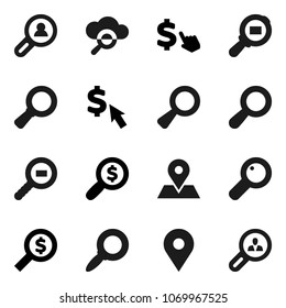 Flat vector icon set - magnifier vector, money search, dollar cursor, map pin, cargo, cloud glass, client
