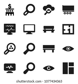 Flat vector icon set - magnifier vector, bank building, truck trailer, monitor, eye, diagnostic, cloud glass, bench, plan, client search, window