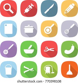 flat vector icon set - magnifier vector, syringe, scalpel, pencil, cutting board, pan, whisk, skimmer, mortar, scissors, eggplant, bucket, pruner, vacuum cleaner, plunger