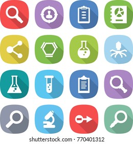 flat vector icon set - magnifier vector, target audience, clipboard, annual report, molecule, hex, round flask, virus, vial, microscope, electron