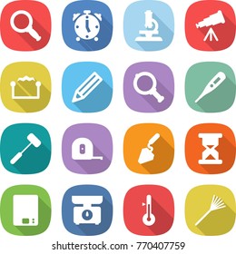 flat vector icon set - magnifier vector, alarm clock, microscope, telescope, electrostatic, pencil, medical thermometer, doctors hammer, measuring tape, construction, sand, kitchen scales, rake